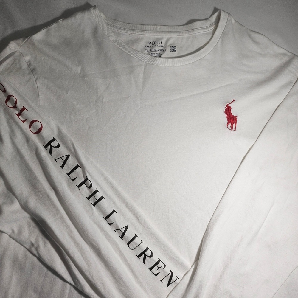 Polo Ralph Lauren Mens XL White Long Sleeve Graphic T-Shirt Red Pony Logo Cotton